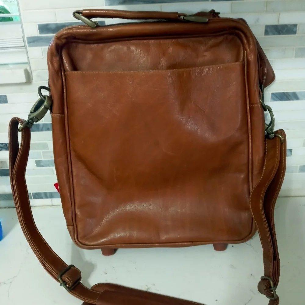 VINTAGE LAS VEGAS HILTON MEN'S LEATHER OFFICE ORGANIZER SATCHEL CARRY ON CAMEL